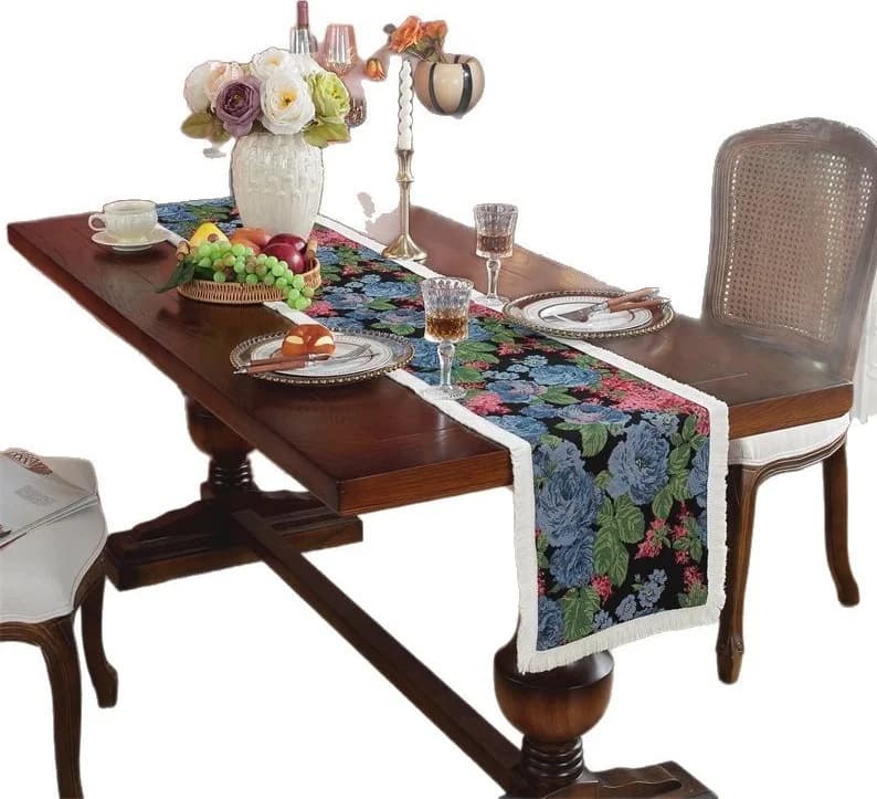 Caminho de Mesa em Mistura de Algodão e Linho Estilo Pintura a Óleo para Decoração de Jantar
