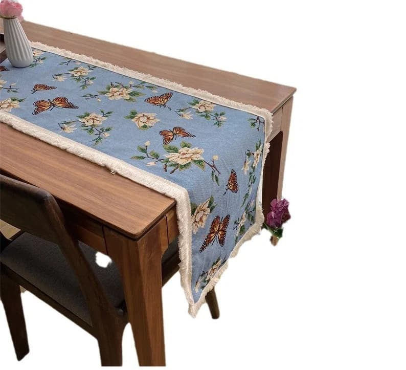 Caminho de Mesa Estilo Country Americano com Estampa de Borboletas e Flores