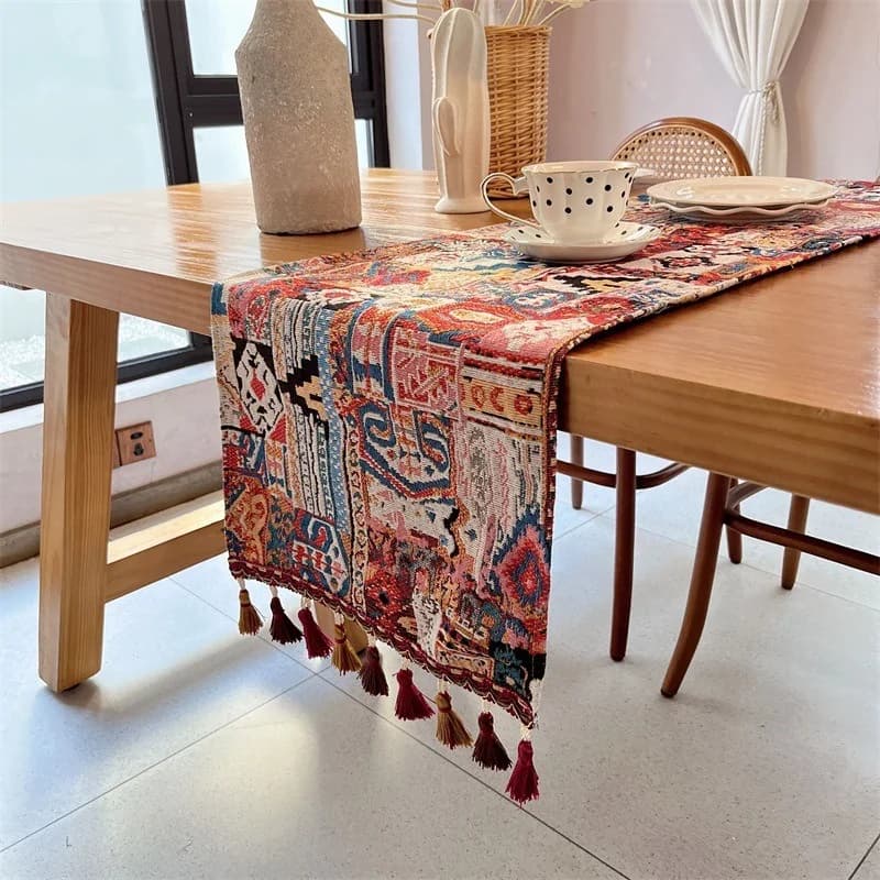 Caminho de Mesa Boho em Mistura de Algodão com Estampa Geométrica