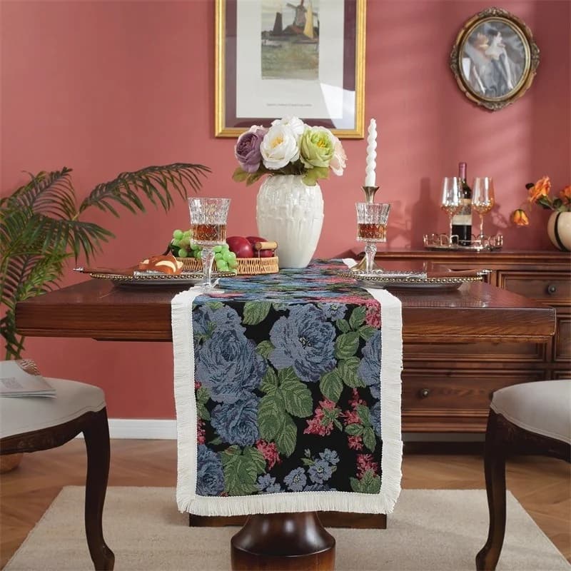 Caminho de Mesa em Mistura de Algodão e Linho Estilo Pintura a Óleo para Decoração de Jantar
