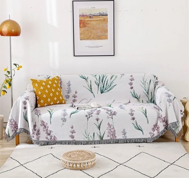 Manta de Sofá em Mistura de Algodão com Lavanda Francesa para Sofá de Três Lugares