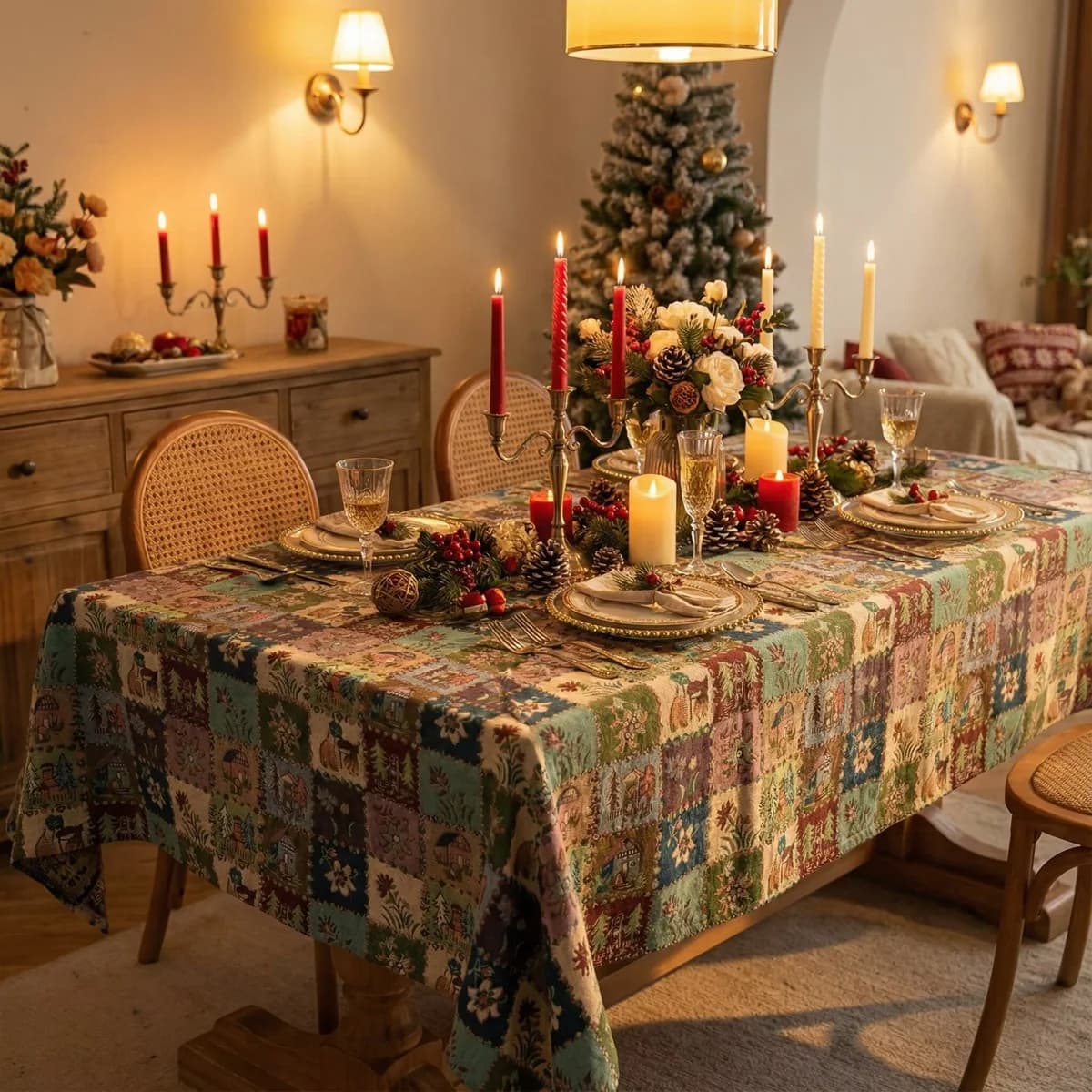 Caminho de Mesa e Toalha de Mesa em Mistura de Algodão com Estampa Jacquard Floral
