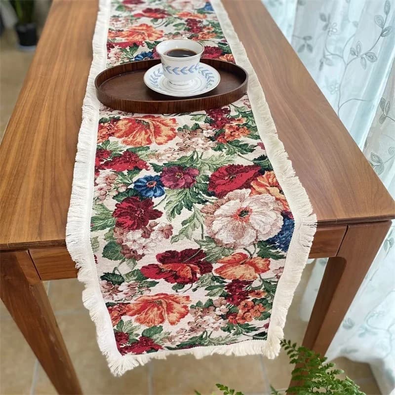 Caminho de Mesa Vintage Europeu em Algodão e Linho com Estampa Floral