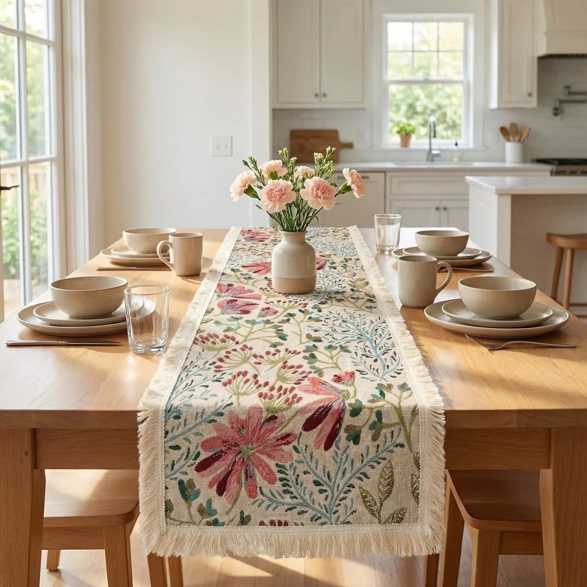Caminho de Mesa Jacquard em Mistura de Algodão com Estampa Floral para Decoração de Jantar