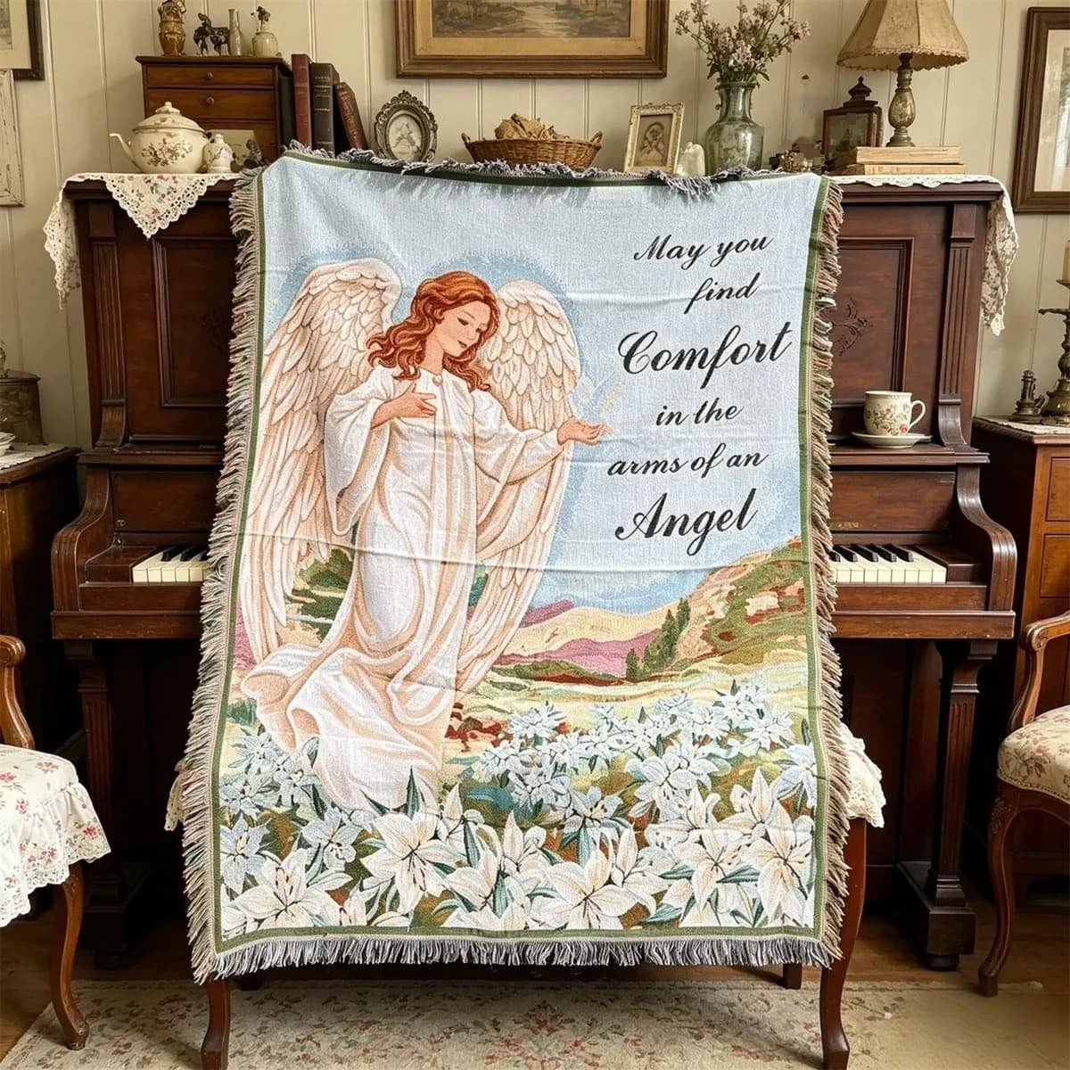 Manta Decorativa Estampa Anjo para Sofá e Arte de Parede