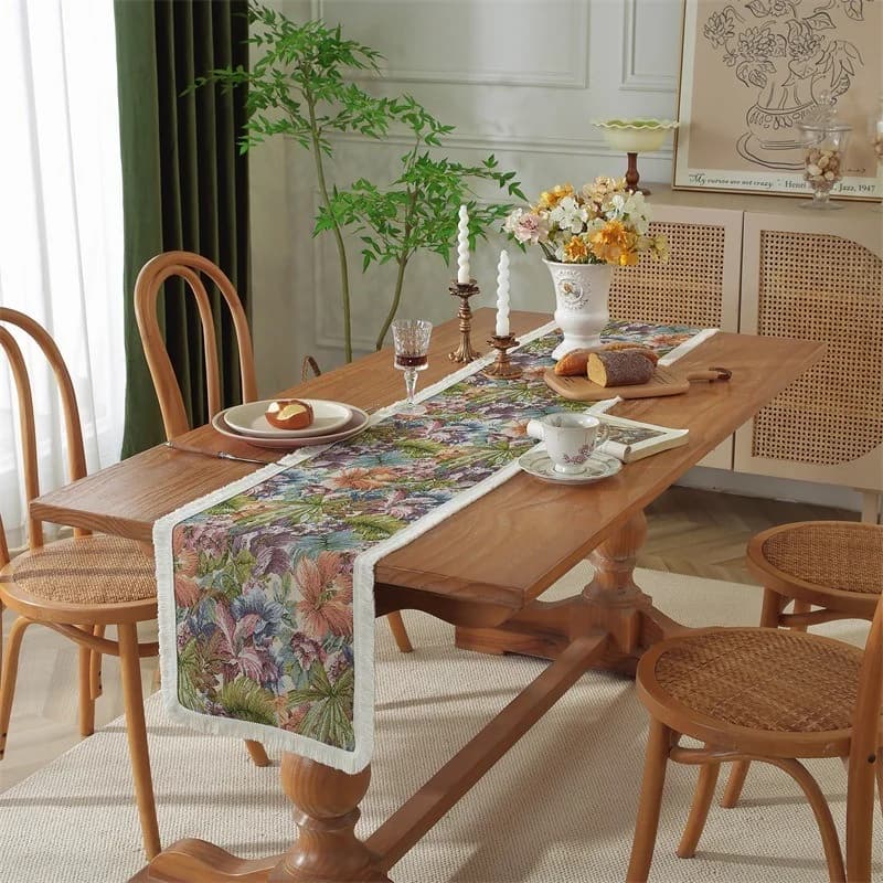 Caminho de Mesa Estilo Country Americano Floral Algodão e Linho