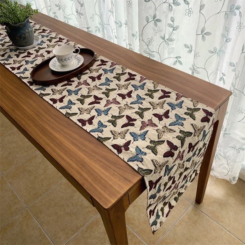 Caminho de Mesa Jacquard Estilo Rústico Country com Flores e Borboletas