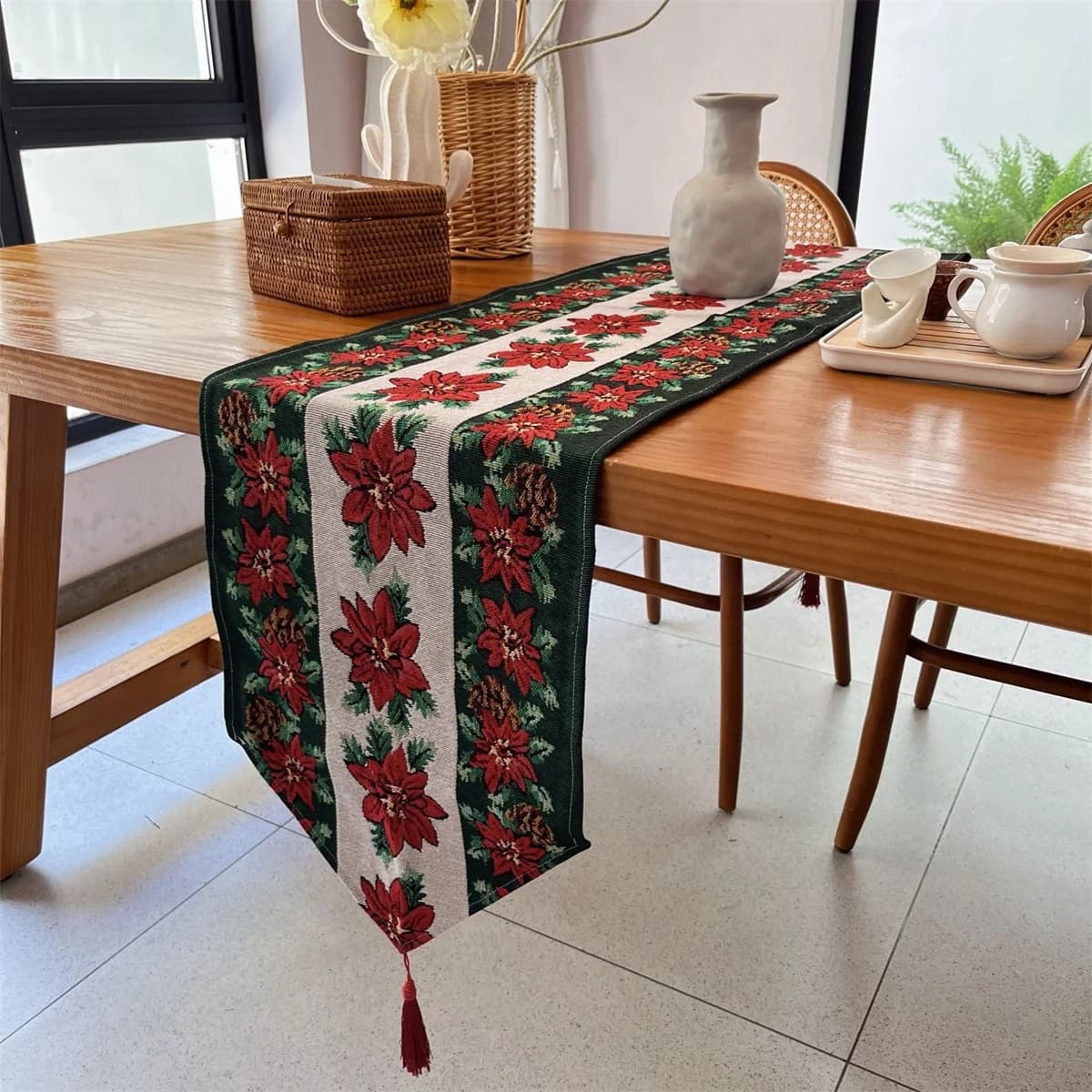 Caminho de Mesa de Natal Floral Vermelho para Decoração Festiva