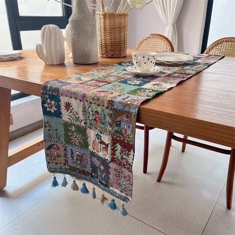 Caminho de Mesa Estilo Americano em Mistura de Algodão com Franjas