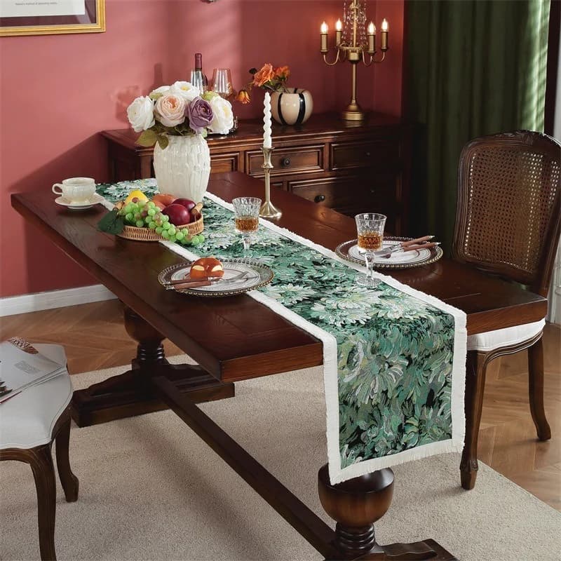 Caminho de Mesa Vintage Estilo Pintura a Óleo Francesa com Franjas