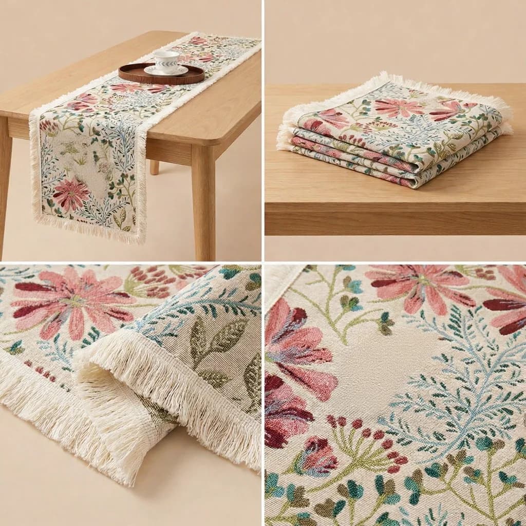 Caminho de Mesa Jacquard em Mistura de Algodão com Estampa Floral para Decoração de Jantar