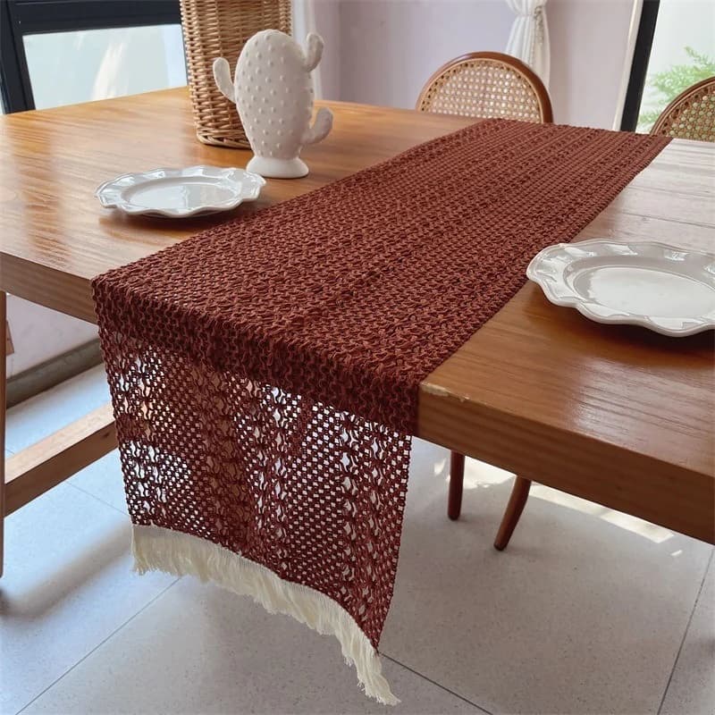 Caminho de Mesa Rústico de Algodão com Renda e Borlas