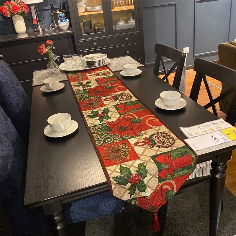 Caminho de Mesa de Natal em Mistura de Algodão com Flores Vermelhas