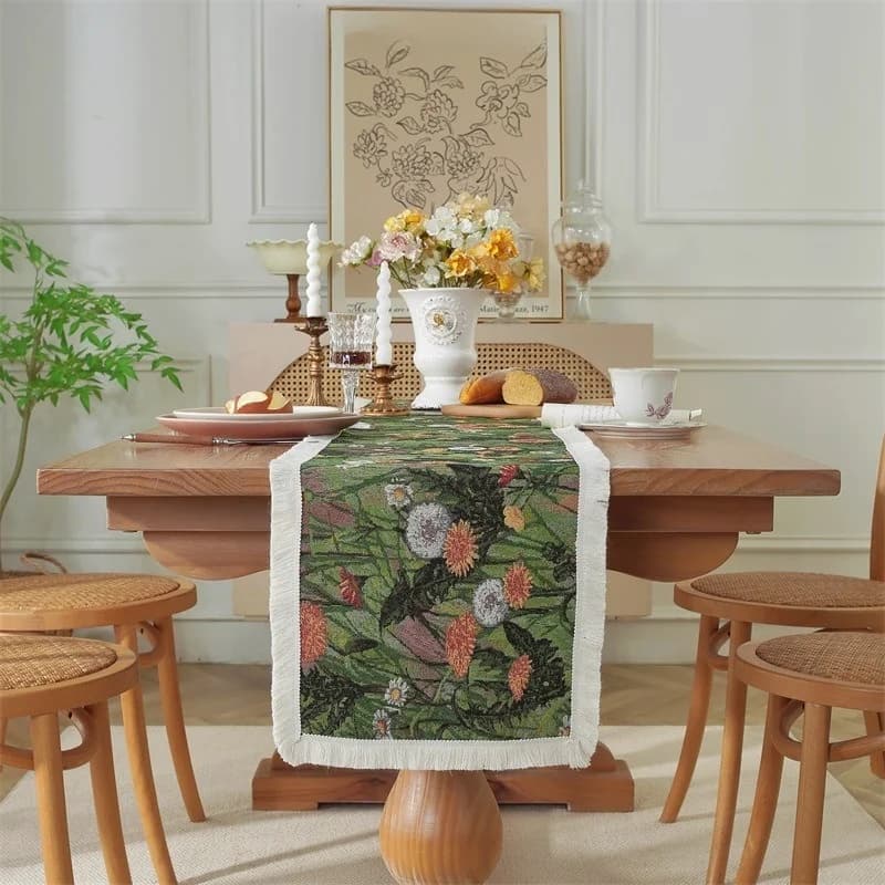 Caminho de Mesa Jacquard Algodão Floral para Sala de Jantar