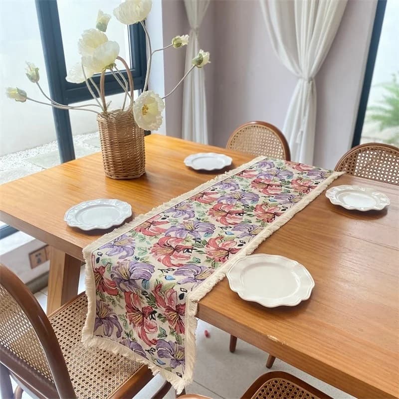 Caminho de Mesa Jacquard Floral Estilo Country Americano