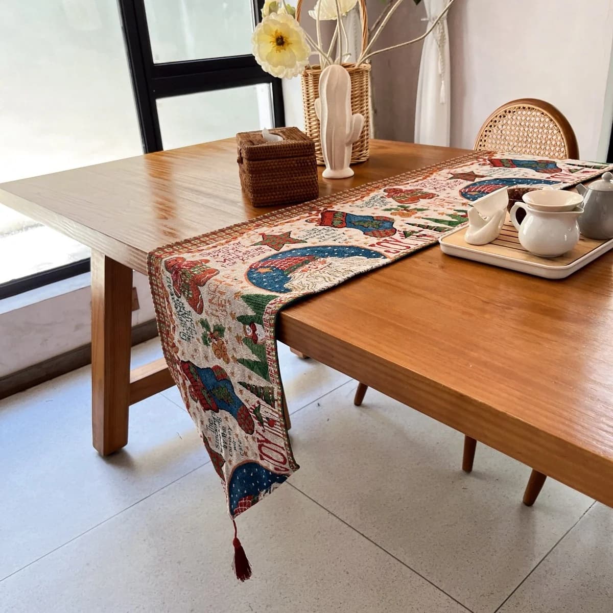 Caminho de Mesa de Natal em Algodão e Poliéster para Decoração Festiva