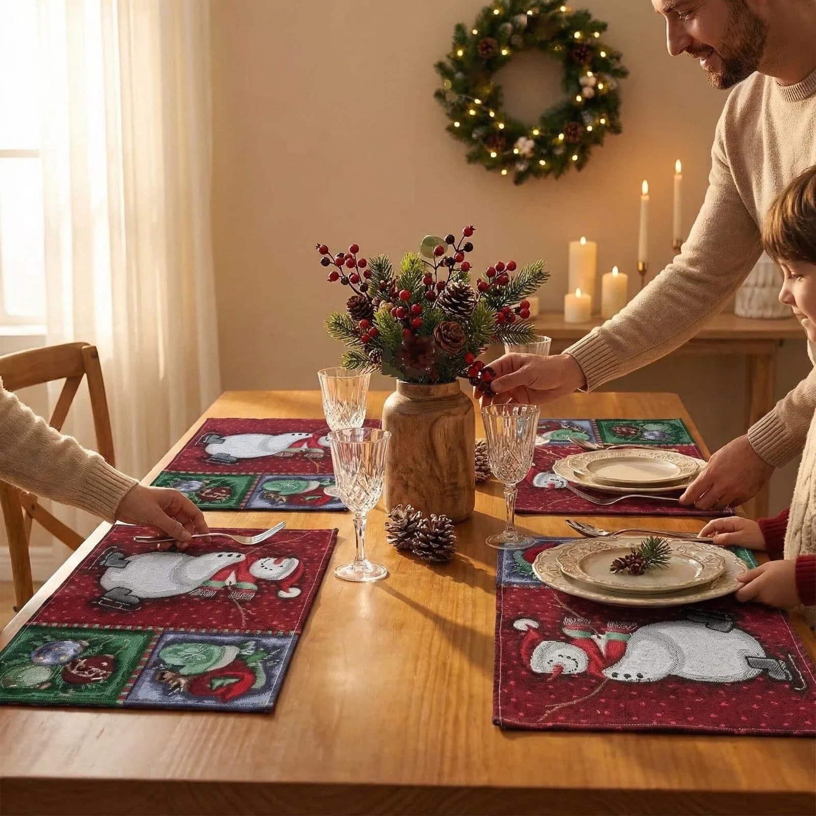 Caminho de Mesa de Natal em Mistura de Algodão e Linho para Decoração Festiva de Jantar