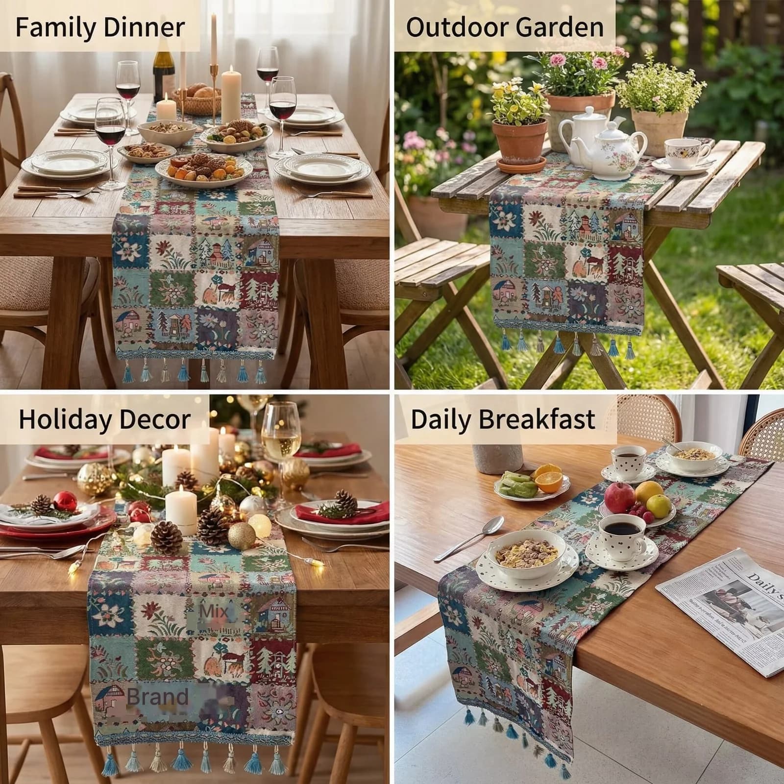 Caminho de Mesa Estilo Country Francês, Linho e Algodão Floral