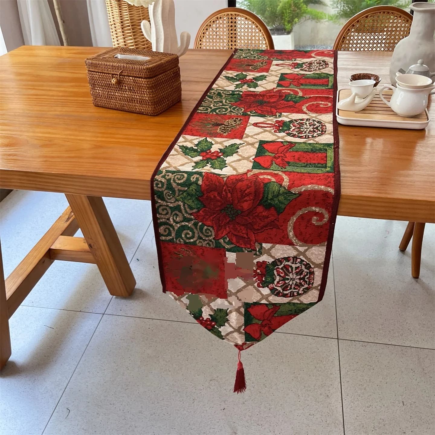 Caminho de Mesa de Natal Floral Vermelho para Decoração Festiva