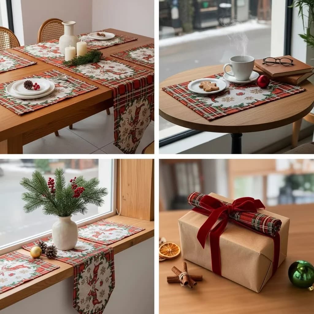 Caminho de Mesa de Natal em Tecido Misto de Algodão para Decoração