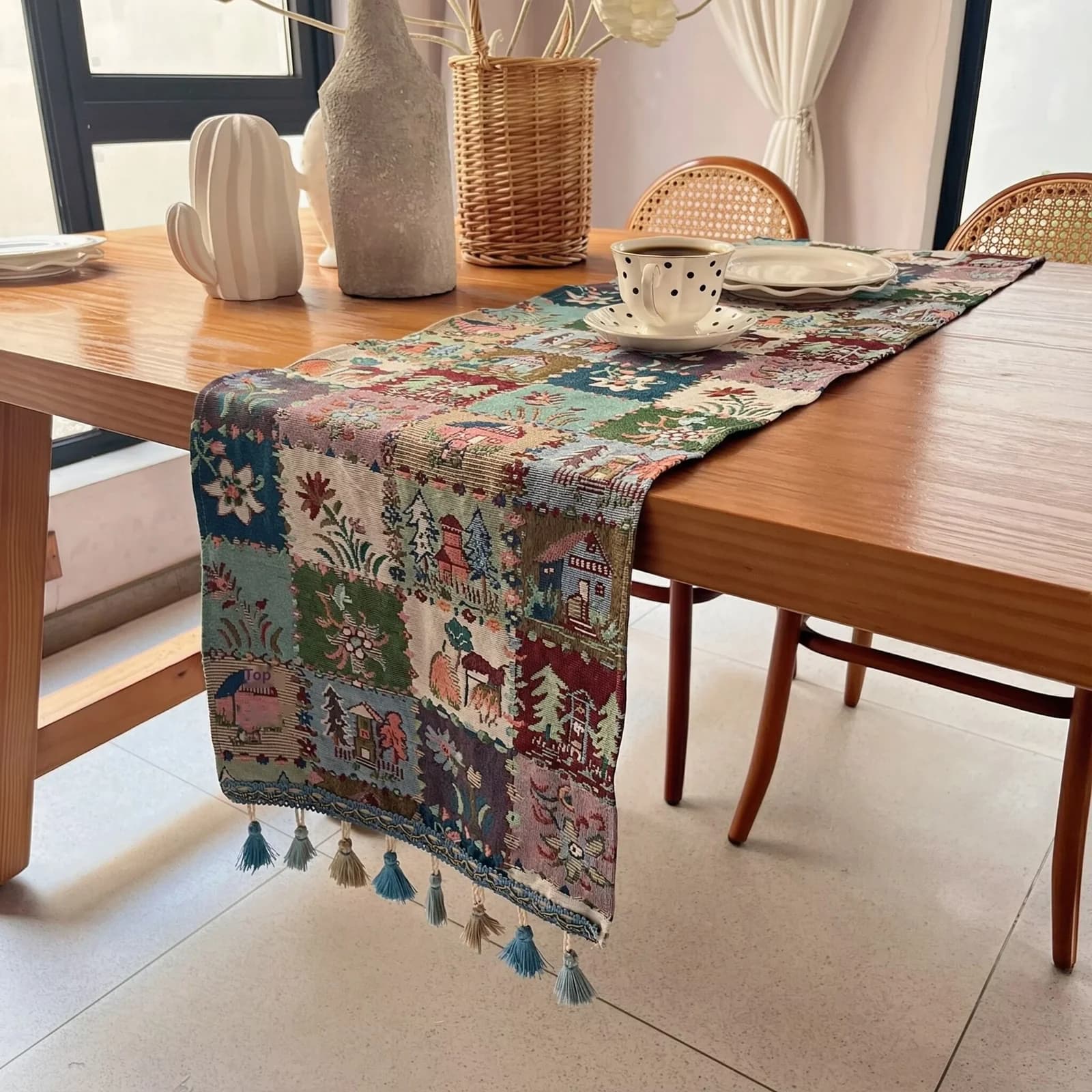 Caminho de Mesa Estilo Country Francês, Linho e Algodão Floral