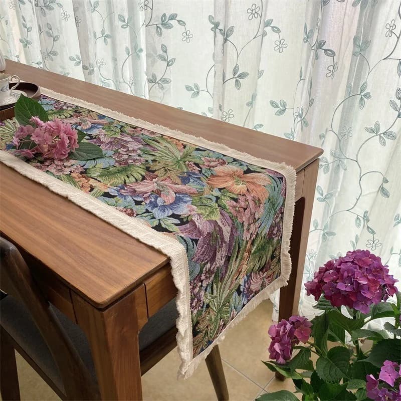 Caminho de Mesa Vintage Estilo Pintura a Óleo Francesa com Franjas