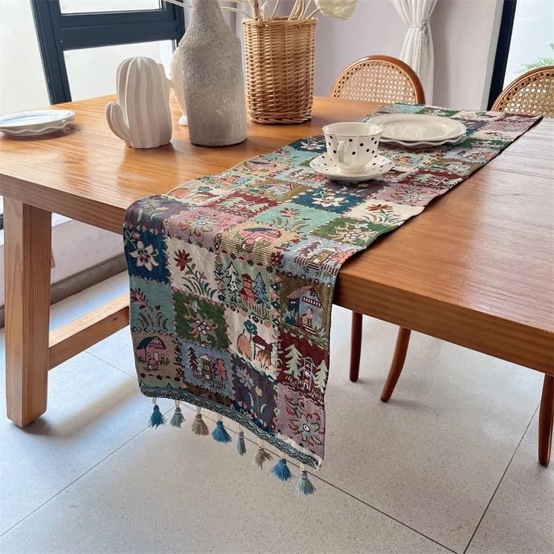 Caminho de Mesa em Mistura de Algodão com Estampas de Borboletas e Flores