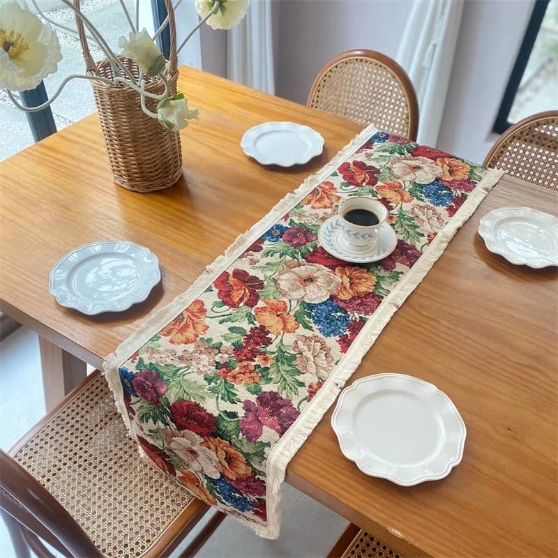 Caminho de Mesa Vintage Estilo Pintura a Óleo Francesa com Franjas