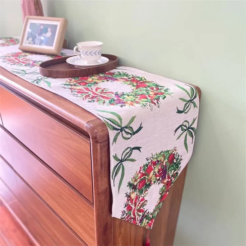 Caminho de Mesa Natalino em Mistura de Algodão e Linho para Decoração Festiva de Aparador