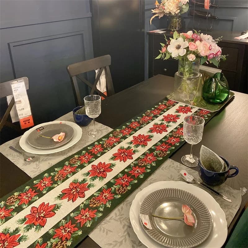 Caminho de Mesa Natalino Jacquard Flores Vermelhas Rena Presente