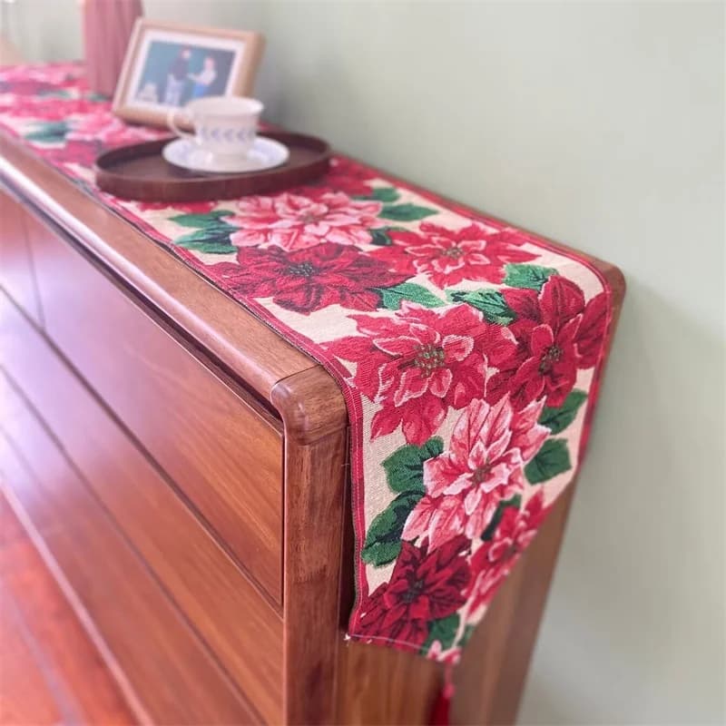 Caminho de Mesa Natalino em Mistura de Algodão e Linho para Decoração Festiva de Aparador