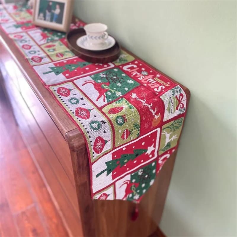 Caminho de Mesa Natalino em Mistura de Algodão e Linho para Decoração Festiva de Aparador