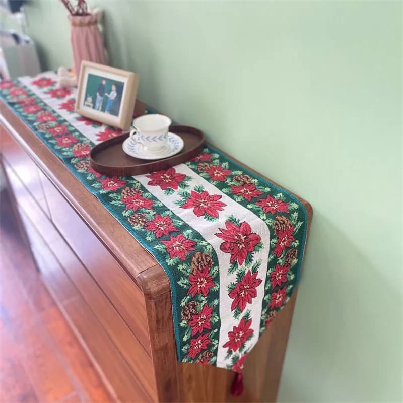 Caminho de Mesa Natalino em Mistura de Algodão e Linho para Decoração Festiva de Aparador