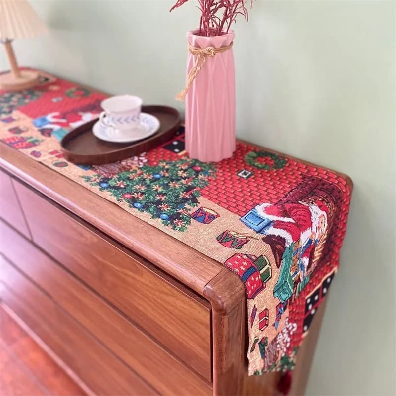 Caminho de Mesa Natalino em Mistura de Algodão e Linho para Decoração Festiva de Aparador