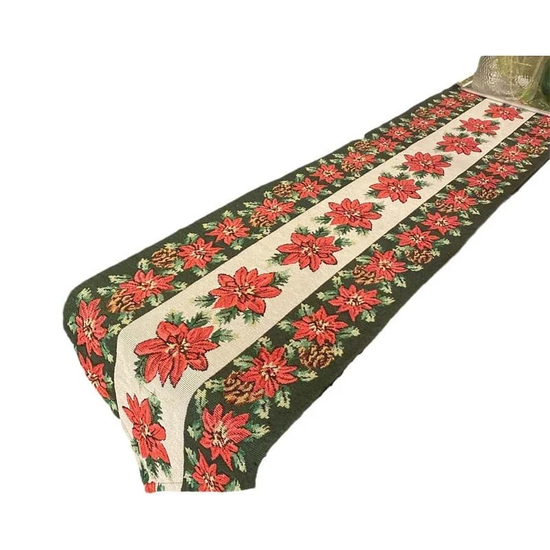 Caminho de Mesa Natalino Jacquard Flores Vermelhas Rena Presente