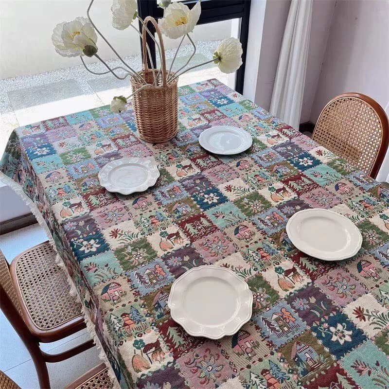 Caminho de Mesa e Toalha de Mesa em Mistura de Algodão com Estampa Jacquard Floral