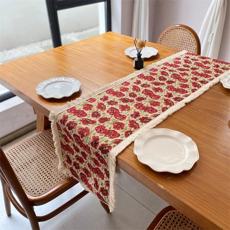 Caminho de Mesa em Jacquard de Algodão e Linho com Design Floral Nórdico