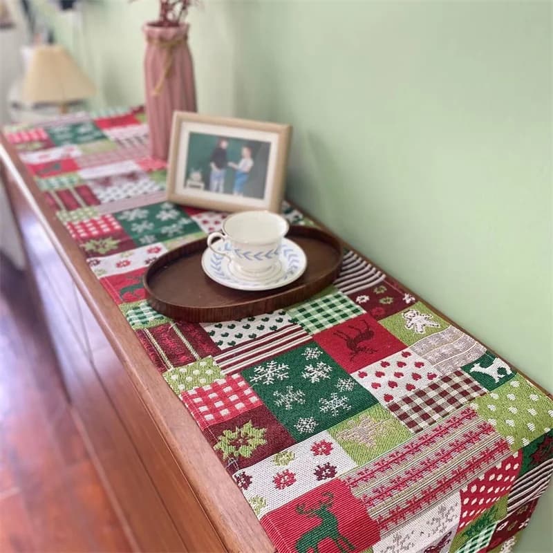 Caminho de Mesa Natalino em Mistura de Algodão e Linho para Decoração Festiva de Aparador