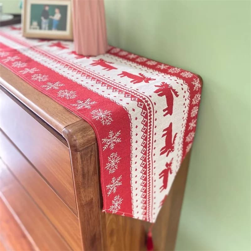 Caminho de Mesa Natalino em Mistura de Algodão e Linho para Decoração Festiva de Aparador