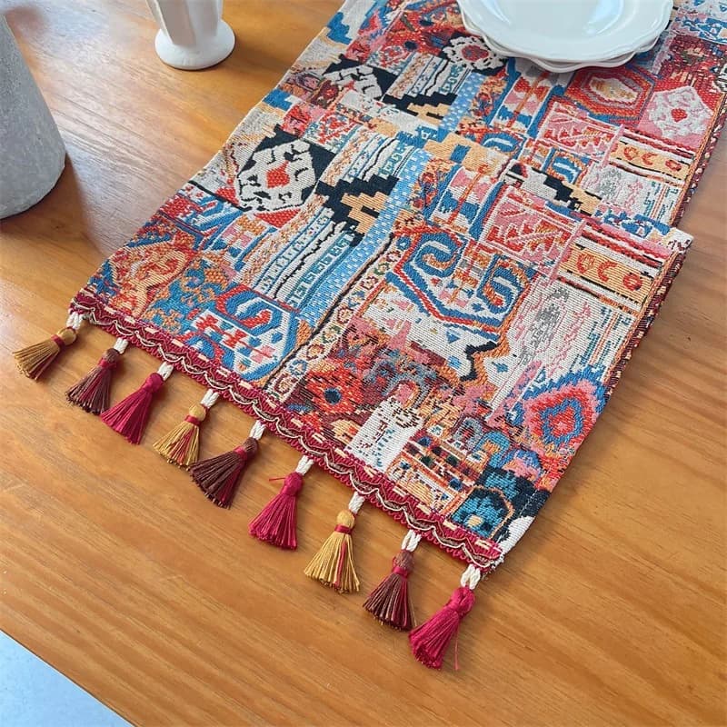 Caminho de Mesa Boho em Mistura de Algodão com Estampa Geométrica