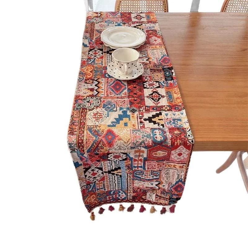 Caminho de Mesa Boho em Mistura de Algodão com Estampa Geométrica