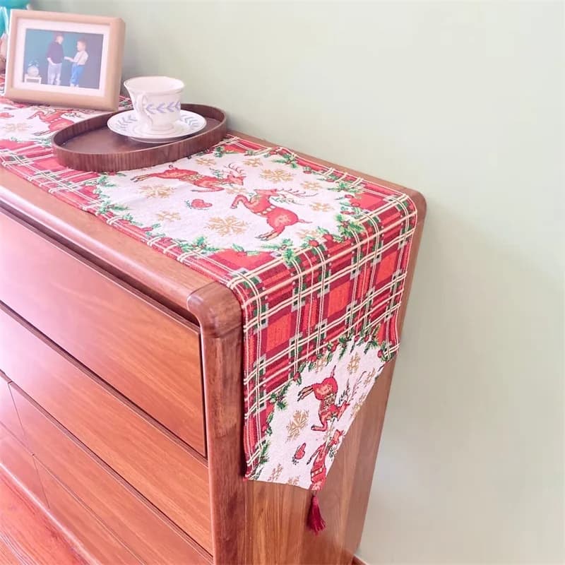 Caminho de Mesa Natalino em Mistura de Algodão e Linho para Decoração Festiva de Aparador